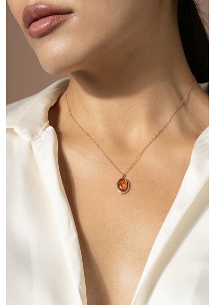 Damla Kehribar Taşlı Minimal Gümüş Kolye Rose Rengi modelleri