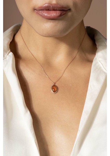 Damla Kehribar Taşlı Minimal Gümüş Kolye Rose Rengi fırsatları