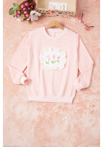 Pembe Dantelli Lale Nakışlı Kız Çocuk Sweatshirt 16769