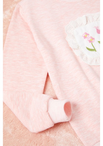 Pembe Dantelli Lale Nakışlı Kız Çocuk Sweatshirt 16769 modelleri