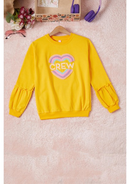 Sarı Renkli Kalp Desenli Payetli Kız Çocuk Sweatshirt 16696
