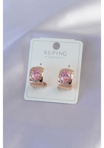 E-Bijuteri Gold Renk Pembe Kristal Taşlı Yarım Halka Model Xuping Kadın Küpe