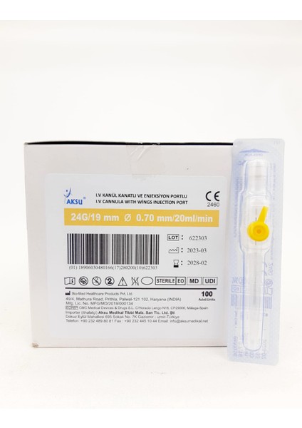 Branül - I.V Kanül (Intraket) Sarı 24G 1 Kutu 100'lü Paket