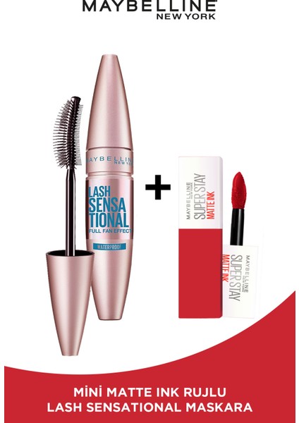 Lash Sensational Yelpaze Etkili Suya Dayanıklı Siyah Maskara & Maybelline Mini Matte Ink