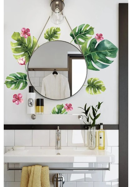 Tropikal Yapraklar Sudan Etkilenmez Banyo Duşakabin Sticker Seti