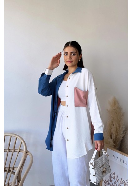 Kadın Indigo & Pudra Uzun Kol Detaylı Renk Bloklu Oversize Gömlek Cepli Uzun Tunik Gömlek