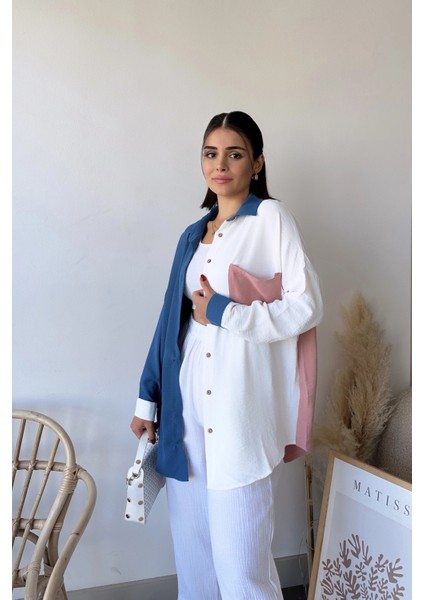 Kadın Indigo & Pudra Uzun Kol Detaylı Renk Bloklu Oversize Gömlek Cepli Uzun Tunik Gömlek modelleri