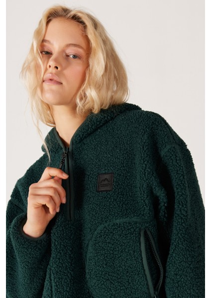 All Terrain Gear Regular Fit Kapüşonlu Yarım Fermuarlı Yeşil Sherpa Sweatshirt