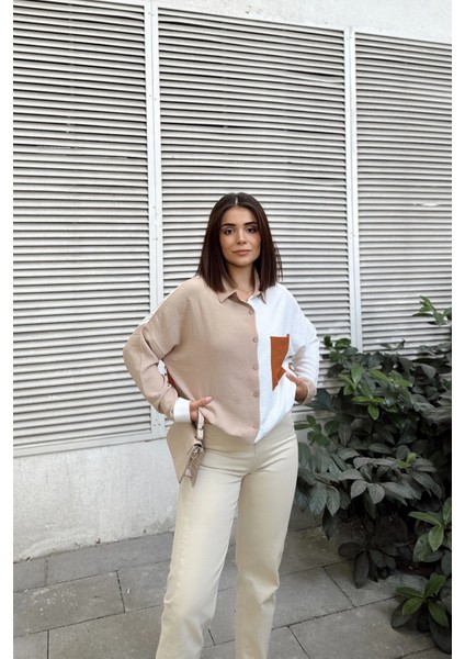 Kadın Bej & Kiremit Uzun Kol Detaylı Renk Bloklu Oversize Gömlek Cepli Uzun Tunik Gömlek modelleri