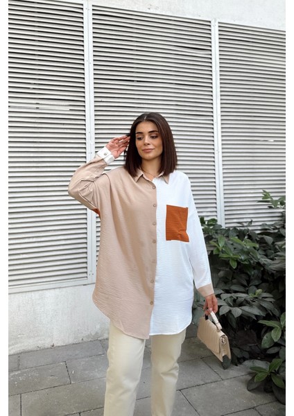 Kadın Bej & Kiremit Uzun Kol Detaylı Renk Bloklu Oversize Gömlek Cepli Uzun Tunik Gömlek fırsatları