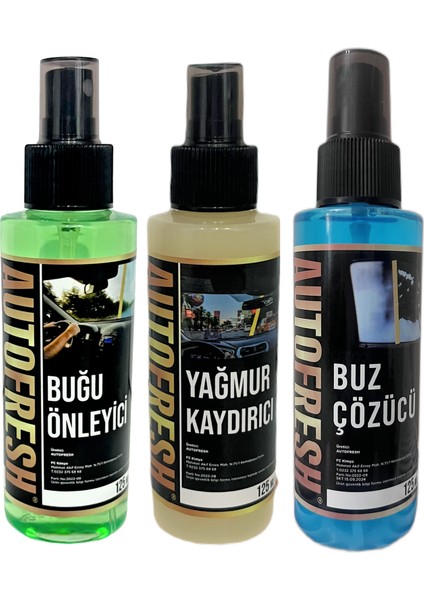 Auto Fresh Autofresh Kışlık 3'lü Oto Bakım Sprey Set Buğu Önleyici Buz Cözücü Yağmur Kaydırıcı 3X125ML