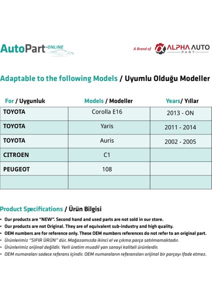 Alpha Auto Part Toyota Corolla, Yaris, Auris Için Iç Açma Kolu Ön-Arka Sağ ve Sol Set