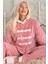 Pudra Three Line Desenli Kapşonlu Peluş Polar Pijama Takımı 1