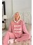 Pudra Three Line Desenli Kapşonlu Peluş Polar Pijama Takımı 2