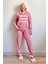 Pudra Three Line Desenli Kapşonlu Peluş Polar Pijama Takımı 5