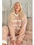 Kahve Three Line Desenli Kapşonlu Peluş Polar Pijama Takımı 1