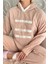 Kahve Three Line Desenli Kapşonlu Peluş Polar Pijama Takımı 5