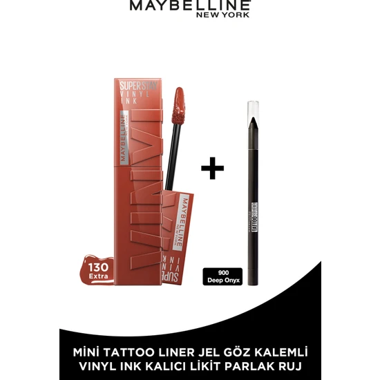 Maybelline New York Super Stay Vinyl Ink Likit Parlak Ruj 130 Extra & Mini Tattoo Liner Gel Pencil