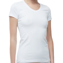 FSM1453 Kadın Pamuklu V-Yaka Kısa Kollu Likralı Body T-Shirt