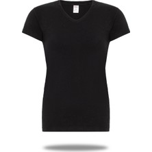 FSM1453 Kadın Pamuklu V-Yaka Kısa Kollu Likralı Body T-Shirt