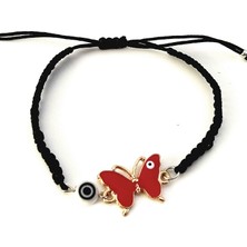Funny Takı Kırmızı Kelebek Beyaz Nazar Boncuklu  Siyah Makrome  Bileklik