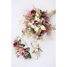 Yapay Çiçek Deposu Gelin Çiçeği Pista 3lü Set Su Mor-Krem 25 cm Çiçek Aksesuarı