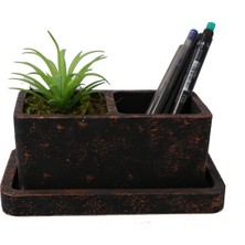 Yapay Çiçek Deposu Kaktüslü Eskitme Beton Saksı Kalemlik Bitki Dahil