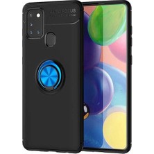 Tekno Grup Samsung Galaxy M21 Kılıf Ultra Korumalı Yüzüklü Manyetik Ravel Silikon + Cam Ekran Koruyucu Siyah Mavi