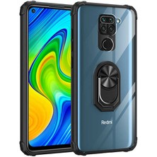 Tekno Grup Xiaomi Redmi Note 9 Kılıf Korumalı Yüzüklü Standlı Mola Kapak + Cam Ekran Koruyucu Siyah
