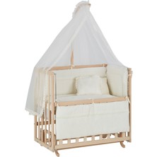 Babycom Naturel Boyasız 50 x 90 Anne Yanı 4 Kademeli Ahşap Beşik + Krem Uyku Seti