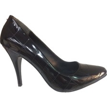 Elegan Küçük & Büyük Numara Siyah Rugan Kapitone Desenli Stiletto