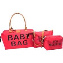 Babysi Baby Bag Tasarım 3'lü Set Anne Bebek Bakım Kadın Çantası -Kırmızı