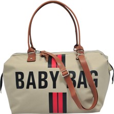 Babysi Baby Bag Tasarım Çizgili 3'lü Set Anne Bebek Bakım Kadın Çantası -Bej