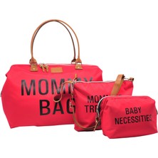 Babysi Mommy Bag Tasarım 3'lü Set Anne Bebek Bakım Kadın Çantası -Kırmızı