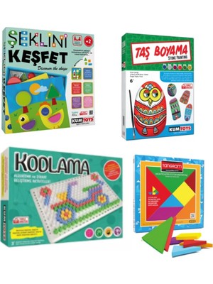 Redka Kumtoys Şeklini Keşfet+Taş Boyama+Kodlama+Renkli Tangram 4'lü Eğitici Set