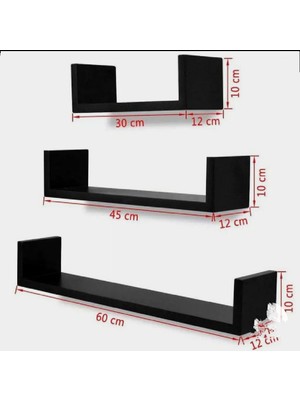 Nym Concept 3'lü U model duvar rafı siyah mdflam duvar rafı , Dekoratif duvar rafı