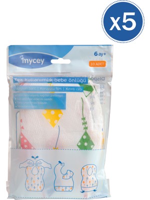 Mycey 10 Adet 5'li Paket Tek Kullanımlık Bebe Önlüğü Beyaz Renk 6 Ay+ İçin Pratik Kullanım