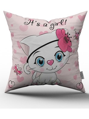 Cango Home Süslü Beyaz Kedi Pembe Yastık Kırlent Kılıfı