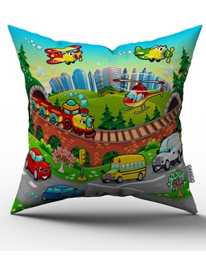 Cango Home Çizgi Şehir Oyuncak Araba Çocuk Yastık Kırlent Kılıfı