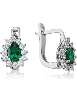 Mia Vento Pırlanta Montur Sentetik Damla Zümrüt İtalyan Kilit Gümüş Küpe