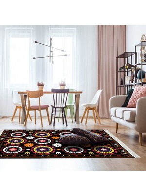 Henge Klasik Modern Yuvarlak Çiçek Baskılı Çok Renkli Siyah Kilim
