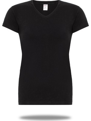 FSM1453 Kadın Pamuklu V-Yaka Kısa Kollu Likralı Body T-Shirt