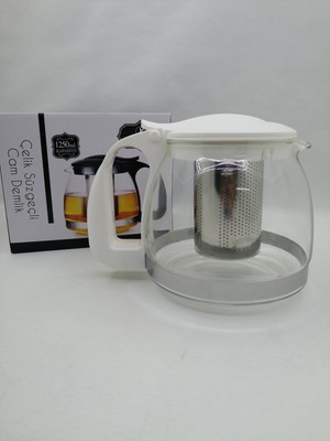 Yakut 1250 ml Çelik Süzgeçli Cam Demlik- Beyaz
