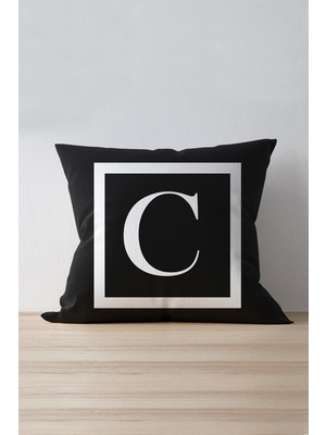Cango Home Harfli Kırlent Yastık Kılıfı C Harfi Siyah Renk 43x43 cm Yumuşak Tuşeli