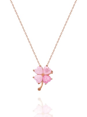 Nereze 925 Ayar Pembe Taşlı Yonca Kadın Gümüş Kolye