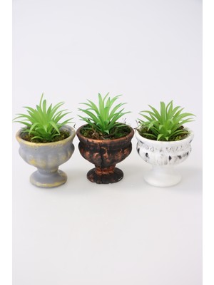 Yapay Çiçek Deposu Mini Antik Beton Meşale Saksıda Yapay Succulent 3lü Set