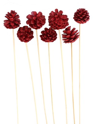 Yapay Çiçek Deposu 7li Çam Kozalak Bambu Saplı Kırmızı