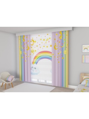 Tekstilnet Gökkuşağı ve Gülen Bulut Temalı Baskılı Çocuk Odası Zebra Perde KOMBİN-041