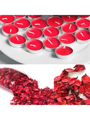 Deco Elit 1000 Adet Kuru Gül Yaprağı + 25 Adet Kırmızı Tealight Mum Romantik Süsleme