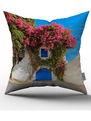 Cango Home  Pembe Çiçekli Bodrum Evi Yastık Kırlent Kılıfı
